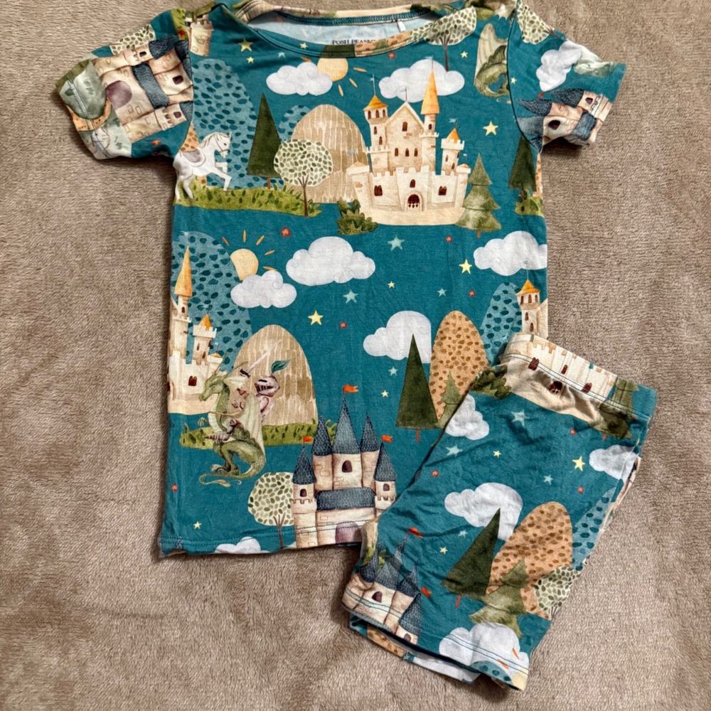 Posh Peanut Kids 4T Medieval Castle Dragon Bamboo Viscose Pajama Set Teal Blue